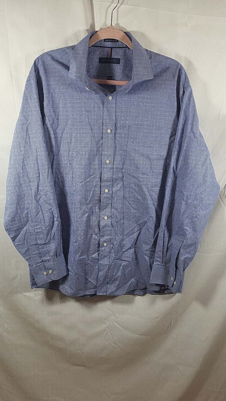 Tommy Hilfiger Men's Regular Fit Non-Iron Blue Check Long Sleeve Dress Shirt, L
